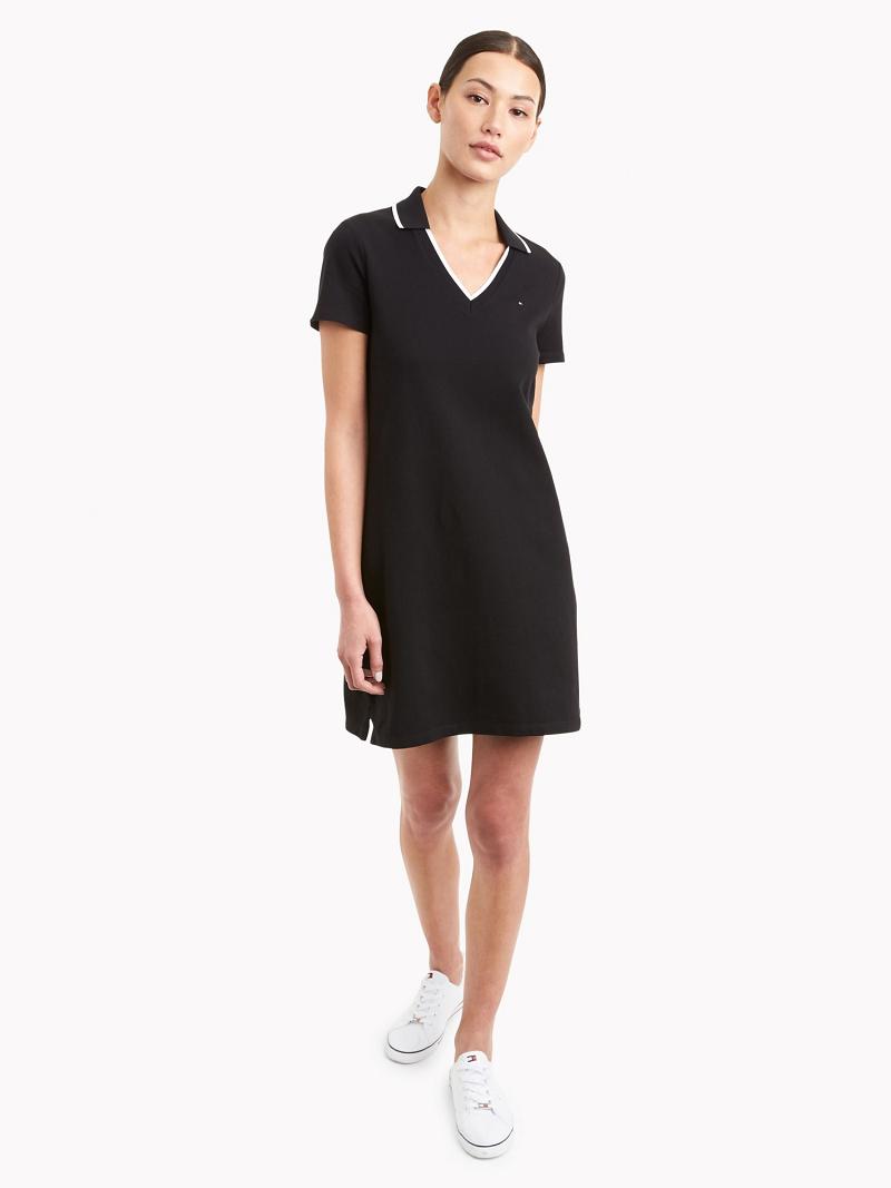 Női Tommy Hilfiger Essential V-Neck Polo Dresses Fekete | HU 84UZG